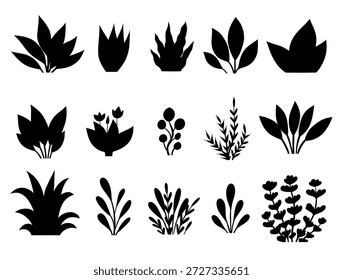 Conjunto de Vector de plantas tropicales de silueta negra aisladas de fondo. Colección de Clipart de arbustos de impresión para pegatinas, tarjetas.
