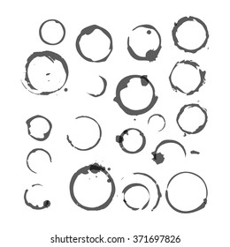 Vector set of Black silhouette Wine stain circles, splashes and spot isolated on white background. Watercolor hand drawing glass marks.