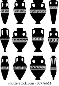 Vector set of black silhouettes of ancient amphorae and vases with traditional Greek abstract meander pattern - isolated illustration on white background