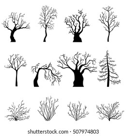 Vector Set of Black Silhouettes of Bare Trees and Bushes without Leaves