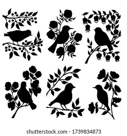 Vector set of black silhouettes of birds on branches with flowers and leaves on a white background