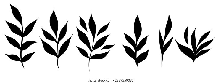 Vector set of black silhouettes of branches with foliage. Herbal collection for logos, icons and your design