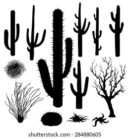 Vector Set Of Black Silhouettes Of Cacti And Other Desert Plants