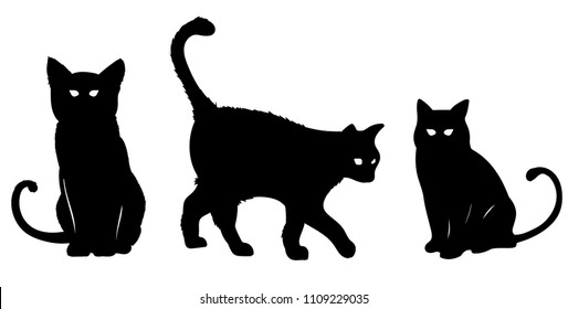 vector set with black silhouettes of cats on a white background isolated. Illustration Halloween