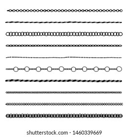 Vector set of black silhouettes of chains of various weaves. Isolated illustration on a white background in a simple hand-drawn style.
