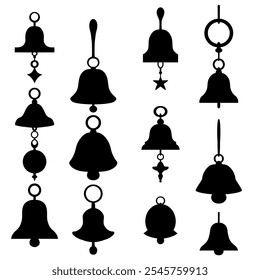 Vector set of black silhouettes of Christmas bells isolated from background. Holiday collection of xmas decorations for icons. Festive bells