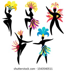 Vector set of black silhouettes of dancing Brazilian women in bright carnival costumes. Carnival concept design and life in Brazil. Doodle style illustration