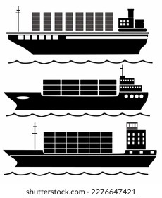 Vector set black silhouettes of different ships, logos, icons