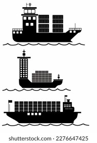 Vector set black silhouettes of different ships, logos, icons