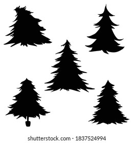 Vector set of black silhouettes of fir on white background