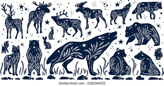Vector set of black silhouettes of forest animals with natural ornaments and the night sky inside them.