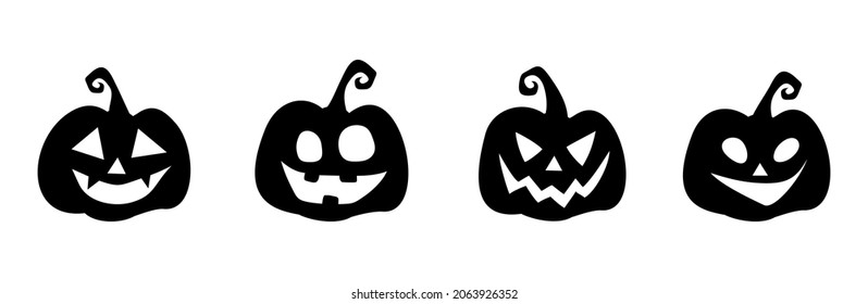 Vector set of black silhouettes of four jack-o'-lanterns (Halloween pumpkins) isolated on a white background.