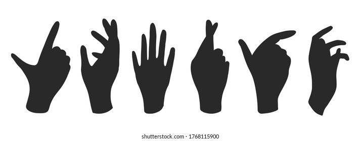 Conjunto vectorial de siluetas negras de manos humanas sobre un fondo blanco aislado. Gestos y poses manuales, silueta de mano, silueta de mano, silueta de palma, siluetas de gestos de manos.