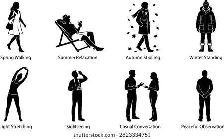 A vector set of black silhouettes illustrating various seasonal activities, fitness exercises, and daily lifestyle actions. Ideal for creative designs, travel themes, and web graphics.A vector set of black silhouettes illustrating various seasonal activities, fitness exercises, and daily lifestyle actions. Ideal for creative designs, travel themes, and web graphics.