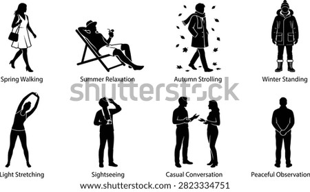 A vector set of black silhouettes illustrating various seasonal activities, fitness exercises, and daily lifestyle actions. Ideal for creative designs, travel themes, and web graphics.A vector set of black silhouettes illustrating various seasonal activities, fitness exercises, and daily lifestyle actions. Ideal for creative designs, travel themes, and web graphics.