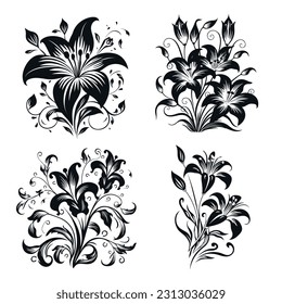 Vector set of black silhouettes of lily flowers isolated on a white background.