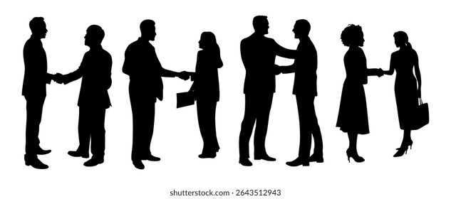 Vector set of black silhouettes showing diverse business people shaking hands, symbolizing partnership, teamwork, and agreement. Perfect for corporate, business, and networking projects