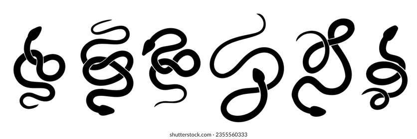 Vector set of black silhouettes of snakes in various poses. Collection of monochrome cobras and boas isolated from background. Animal clipart for sublimation, stickers and icons