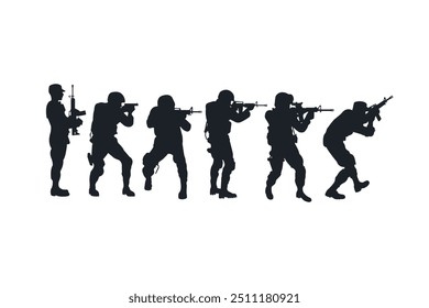 Conjunto de Vector de siluetas negras de soldados aislados sobre un fondo blanco.