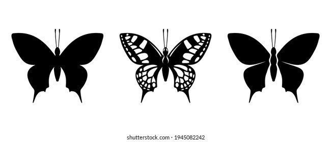 Conjunto vectorial de siluetas negras de mariposas crudas aisladas en un fondo blanco.