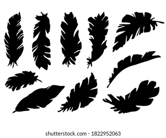 Vector set of black silhouettes of tropical leaves. Collection of exotic banana leaves isolated on a white background. Horizontal composition