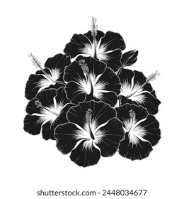 Vector set of black silhouettes of tropical hibiscus flowers isolated on a white background.