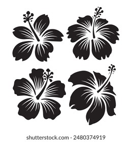 Vector set of black silhouettes of tropical hibiscus flowers isolated on a white background