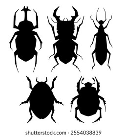 Vector set of black silhouettes of various beetles isolated from the background. Entomological collection of shadows of scarabs, flying ants, stug beetles for icons