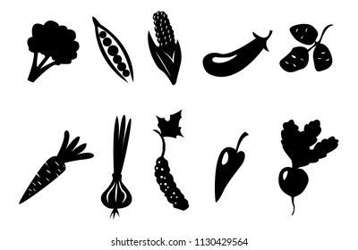 Vector set of black silhouettes of vegetables isolated on white background. The set includes broccoli, peas, corn, eggplant, potatoes, peppers, carrots, cucumber, onions, radish.