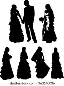 Vector set of black silhouettes of a young girl and man with beautiful hairstyle, wedding dress and with a bouquet of flowers, on a belt, on a white background in a vector. The girl at the wedding