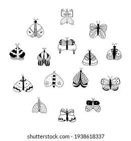 Vector set of black and simple isolated butterflies on white background. For invitations, greeting cards, template for decorative stickers, banner, decoration design, print, design page site, badges