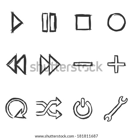 Vector Set of  Black Sketch Audio Player Buttons