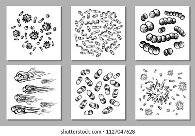 Vector Set of black sketch bacteria isolated on white backgtound. Microbe in medical therapy. Germ illness element. Hand painted bacterium for medicine concept.