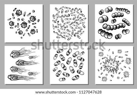 Vector Set of black sketch bacteria isolated on white backgtound. Microbe in medical therapy. Germ illness element. Hand painted bacterium for medicine concept.
