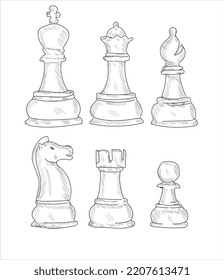 Vector Set of Black Sketch Chess Pieces. Full Chess Figures Collection.
