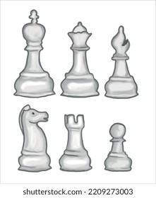 Vector Set of Black Sketch Chess Pieces. Full Chess Figures Collection.
