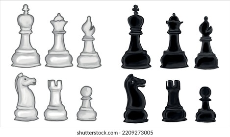 Vector Set of Black Sketch Chess Pieces. Full Chess Figures Collection.
