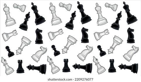 Vector Set of Black Sketch Chess Pieces. Full Chess Figures Collection.	