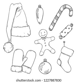 Vector Set of Black Sketch Christmas Symbols. Clothes and Decorations.