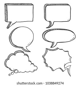 Vector Set of Black Sketch Comics Speech Bubbles. Penciling Hand Draw Comix Balloons.