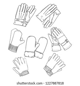 Vector Set of Black Sketch Gloves and Mittens. Collection of Accessories.