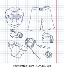 Vector Set of Black Sketch MMA Training Equipment.