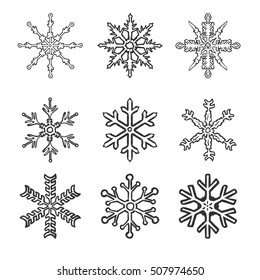 Vector Set of Black Sketch Snowflakes on White Background