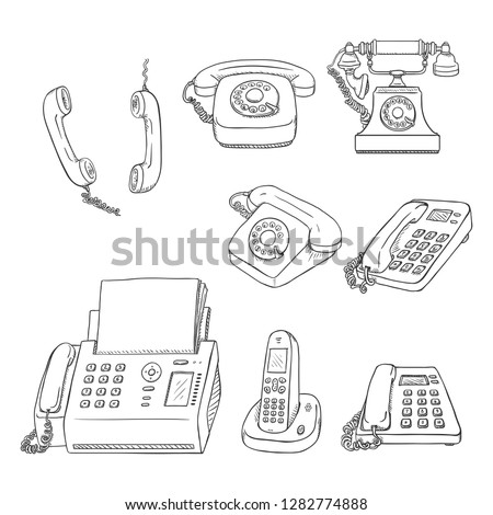 Vector Set of Black Sketch Telephones and Handsets. Collection of Phones.