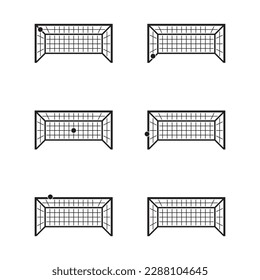 Vector set of black soccer goal with net and ball on white background. Football symbols.
