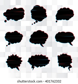 Vector set of black speech bubbles in the style of a glitch