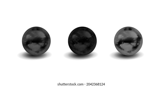 Vector Set of Black Spheres, Different Textures, 3D Balls with Shadows Isolated on White Background, Black Color. 
