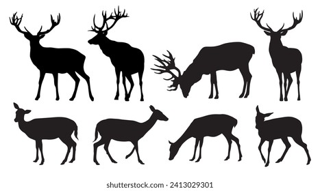 Vektorset von schwarzem Stehen und Laufen von Hirschen und Dosensilhouetten auf weißem Hintergrund