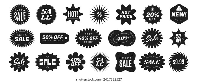 Vector set of black starburst sale sticker label. Promo star price tag or special offer badge different shapes. Sunburst promotion badges icon on white background. Flat design elements for shopping.