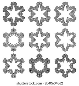 Vector set of black stars with traditional old Greek ornament isolated on white background. Vintage pattern with ethnic elements in the Hellenic style. Design elements for Christmas, New Year cards